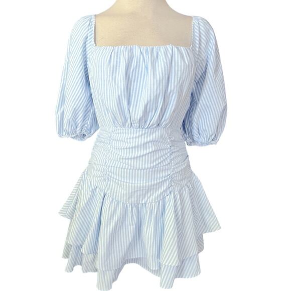 EHB Tiers To Me Light Blue Puff Sleeve Tiered Skater Mini Dress Size Small NWOT - Picture 2 of 7